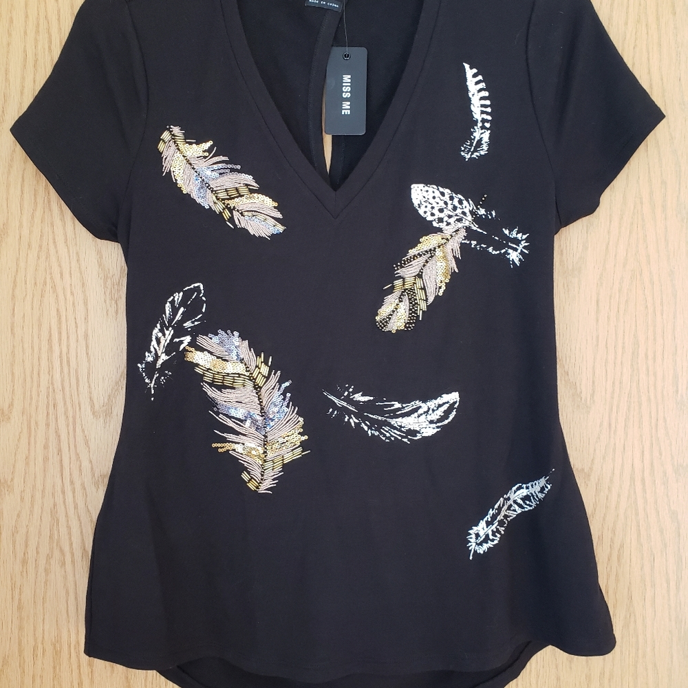 SALE! Miss Me embellished black feather tee NWT